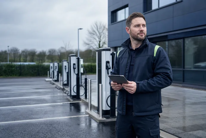 Commercial EV-charger installer on site with a tablet, beside a row of grid-connected chargers.