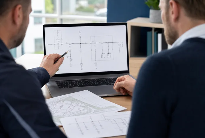 Illustration of a reviewer and installer checking a grid-connection schematic and project documents.